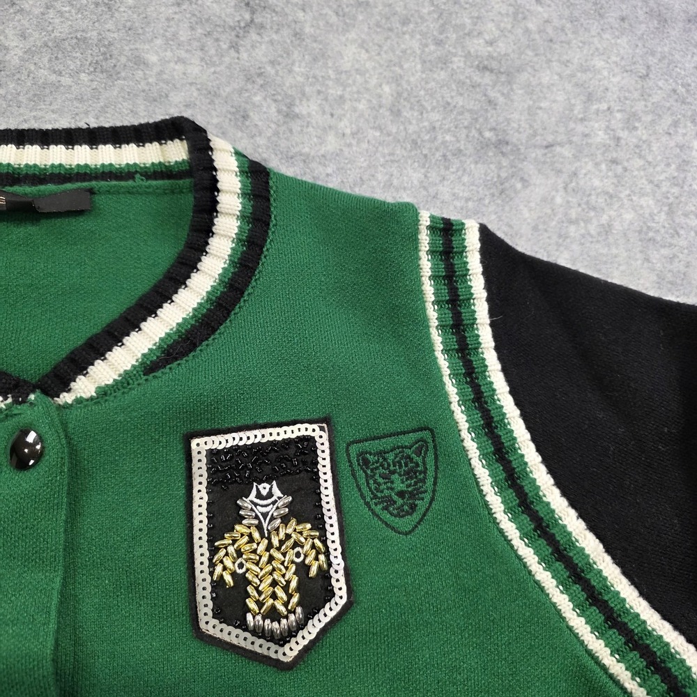 Maje Sweater Womens‎ 2 Green Varsity Cardigan Knit Sequin Patches Jacket Preppy - Picture 5 of 13
